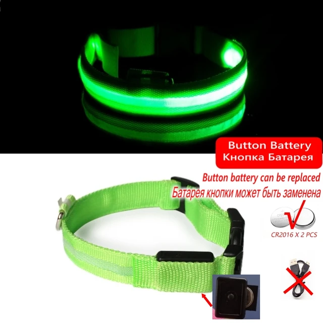 USB charging LED dog light pet dog collar anti-lost at night/avoid cat and dog puppies car accident flashing luminous collar Green Button Battery