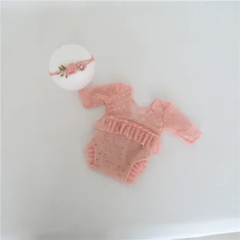 

Vitage Baby Girl Headband Long Sleeve Newborn Girl Lace Romper Set Ruffle Lace Infant Overalls Photo Prop Bodysuit