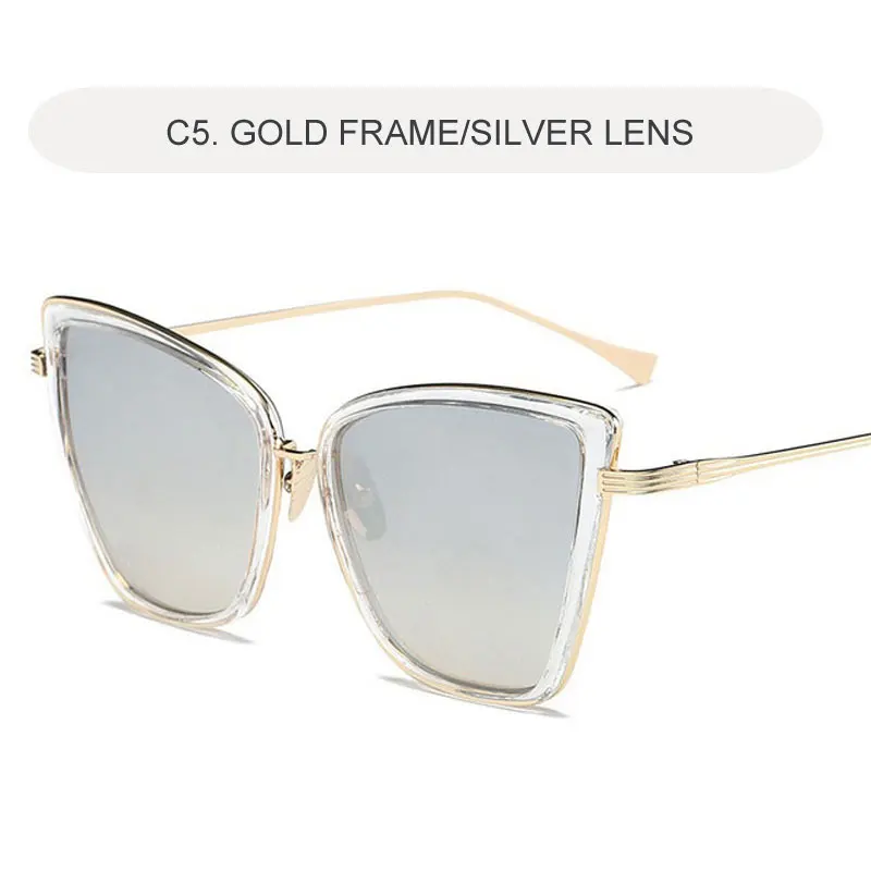 Новые брендовые дизайнерские солнцезащитные очки Cateye, женские винтажные металлические очки, зеркальные ретро очки Lunette De Soleil Femme UV400 - Цвет линз: C5 SILVER