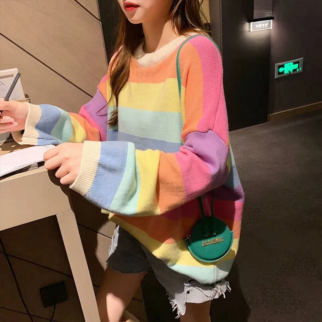 Womail Rainbow Stripe Casual jersey mujer invierno Winter fashion knit sweater women tops O-Neck Loose Long pull femme nouveaute