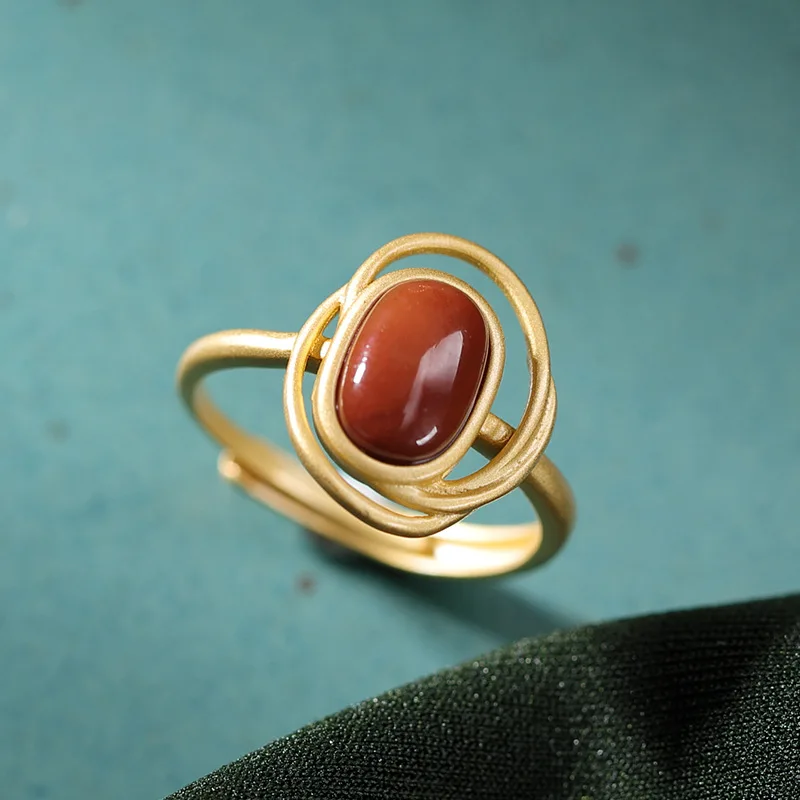 Натуральный красный агат позолоченное женское кольцо из натуральной 925 пробы Серебряное модное кольцо Регулируемый светильник роскошное кольцо