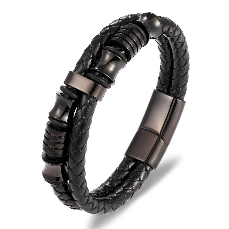 Fashion Stainless Steel Charm Magnetic Black Men Bracelet Leather Genuine Braided Punk Rock Bangles Jewelry Accessories Friend - Окраска металла: BXXG223Black