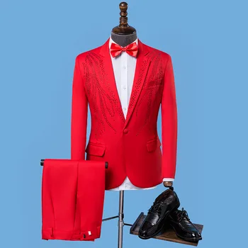 

2020 Men New Style Bright Red Festive Diamond Set Suit Performance Host Singer Studio Suit Two Pieces