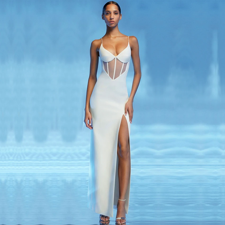 

Adyce 2020 New White Maxi Women Bandage Dress Sexy Sleeveeless Lace Spaghetti Strap Celebrity Evening Party Club Dress Vestidos