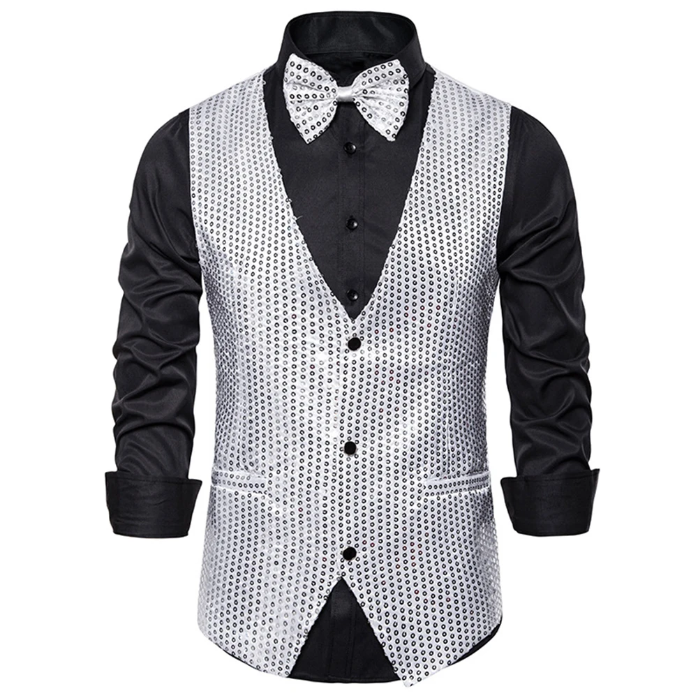OEAK новые мужские Искрящиеся, с блестками жилет Slim Fit костюм с юбкой, костюм для сцены, ужин жилет для косплея на сцене; платье без рукавов с блестками