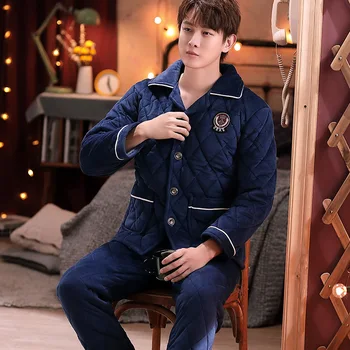 

Men's winter three layer thickened cotton coral fleece home suit flannel thick cotton pajamas men's series