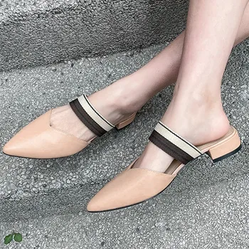 

soft natural genuine leather women flip flops medium heels women summer fashion sexy slippers pointed toe slides