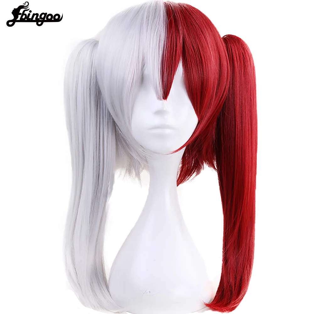 

Ebingoo My Boku no Hero Academia Todoroki Shoto Long Natural Wave Double Ponytails Half White And Red Synthetic Cosplay Wig