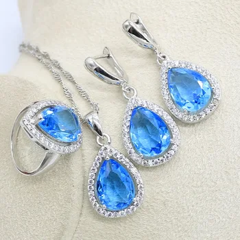 

Natural Wedding Jewelry Sets Silver Color Bridal Earrings For Women Necklace Rings Set Gifts Box