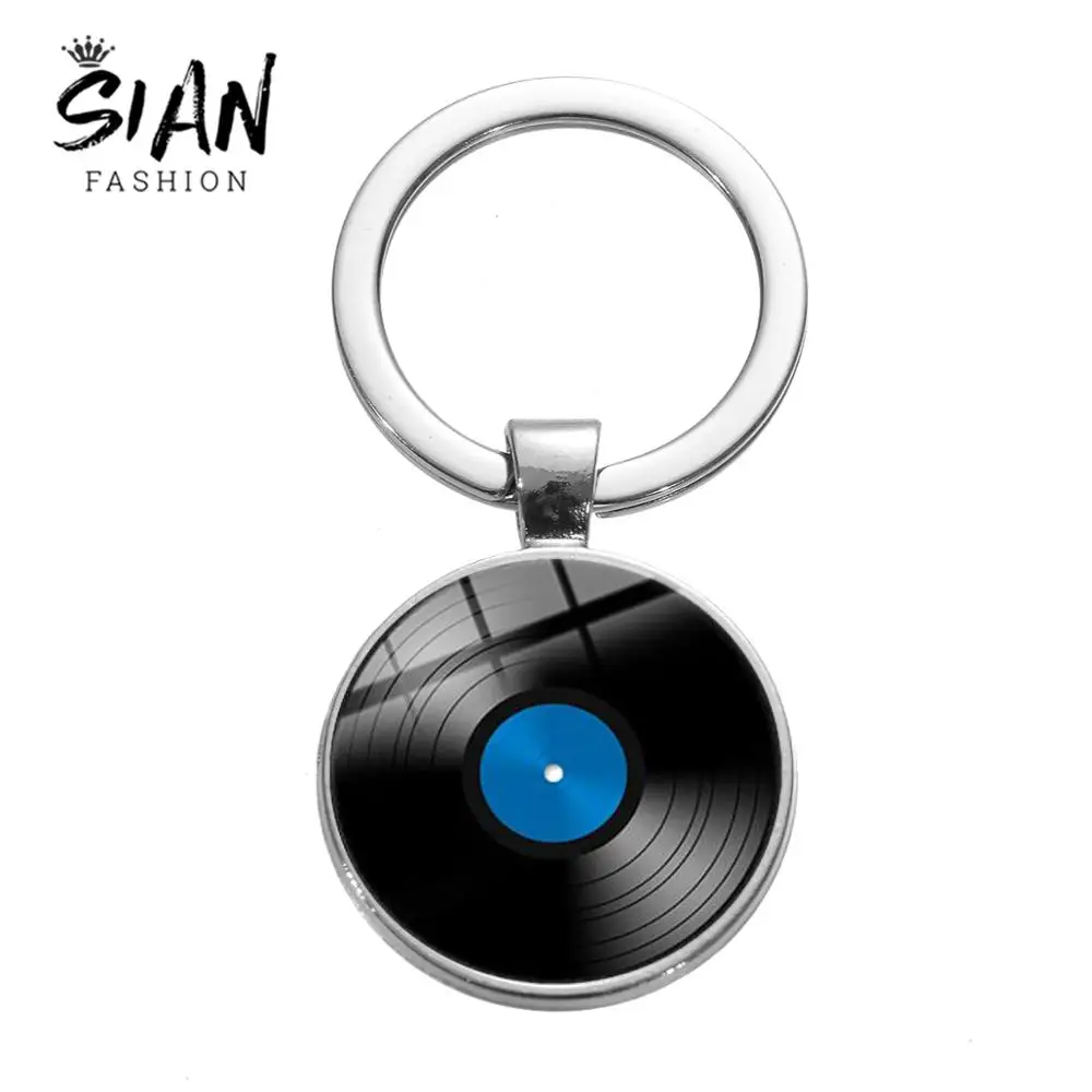 

SIAN Charm Music Record Keychain Classic Vintage Gramophone Vinyl Record Photos Glass Key Ring Musician Collection Gift Jewelry
