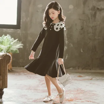 

Teenage Kids Dress Girls Winter Dress Fleece 2019 New Baby Girl Autumn Black Dot Casual Dress Girl Children Clothing Top