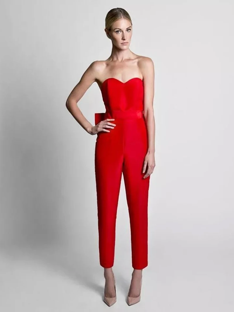 Red Jumpsuit Evening Dresses With Detachable Skirt 2024 Sweetheart Formal Pants Suit Prom Party Gown With Bow Sleeveless