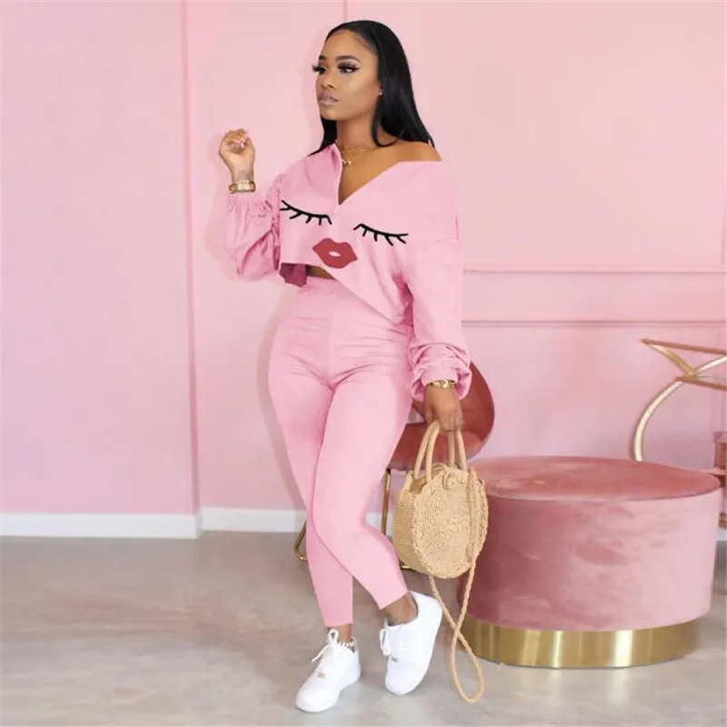 2019 Eyelash Print Tracksuit Women Two Piece Set Spring Autumn Street T-shirt Tops and Pants Suits Casual 2Pcs Outfits s-2XL |