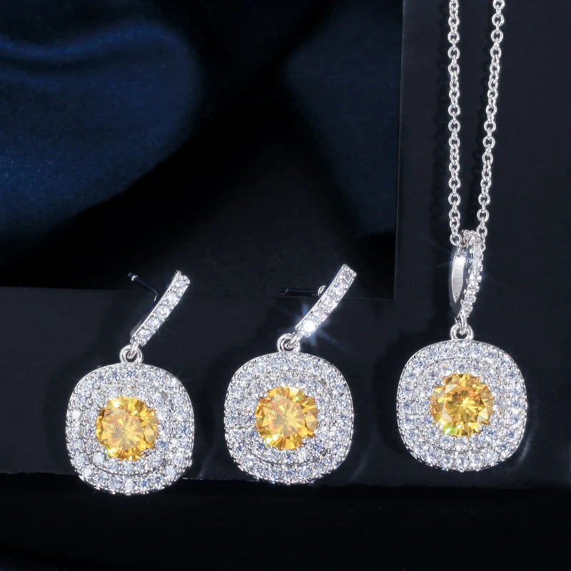 CWWZircons, Брендовое роскошное ожерелье, кулон и серьги, модный желтый кубический цирконий, ювелирный набор T022