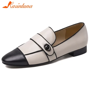 

KARINLUNA New Ladies Casual Shallow Low Heel Flats Fashion Patchwork Genuine Leather Flats Women Brand mixed-color Shoes Woman