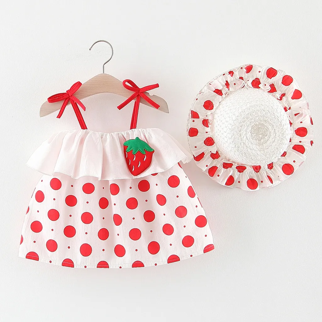 

(12M-3Y) Children Sleeveless Sling Polka Dot Cherry Print Dress Princess dress + Straw Hat Summer Sun Hat With Dot Cherry S4