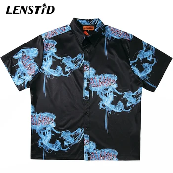 

LENSTID Hip Hop Streetwear Blue Fire Smoke Print Shirts Mens 2020 Summer New Hawailian Shirt Oversize Harajuku Loose Beach Shirt
