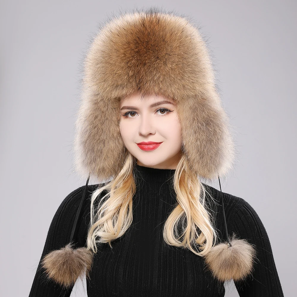 New 100% Real Fox Fur Hats Women's Russian Ushanka Aviator Trapper Snow Skiing Hat Caps Earflap Winter Raccoon Fur Bomber Hat 2