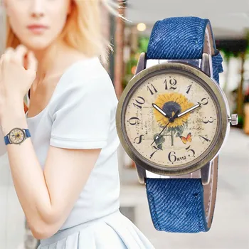 

Reloj Women Quartz Watch Retro Design Sunflower Printed Wristwatch Fashion Luxury Simplicity Female Watch Gift Relogio Feminino