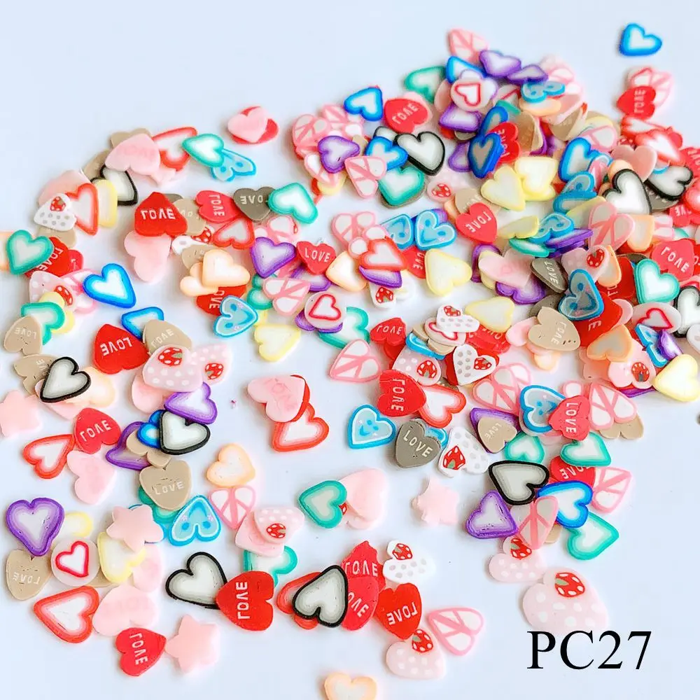 100 г/пакет, смешанные полимерные глиняные ломтики, различные дизайны, смешанные сумки, фруктовые цветы, рождественские смешанные дизайны - Цвет: PC27-Heart Mix