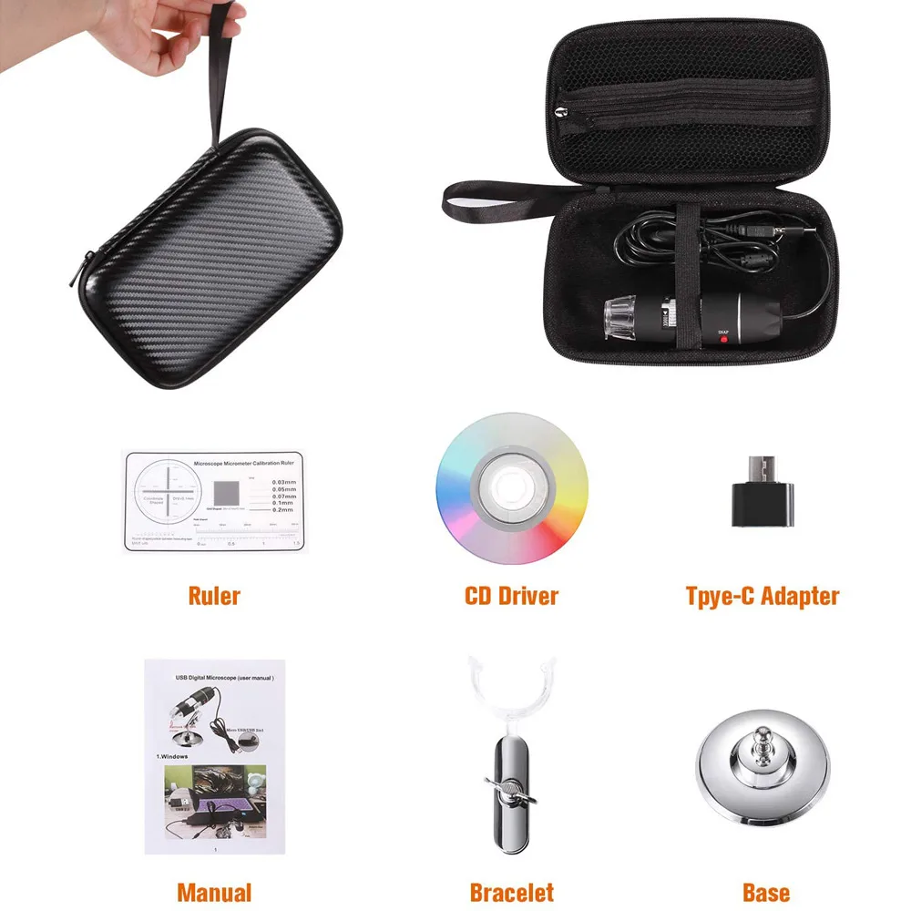 USB Digital Microscope 40X to 1000X Bysameyee 8 LED Magnification Endoscope Camera with Carrying Case & Metal Stand