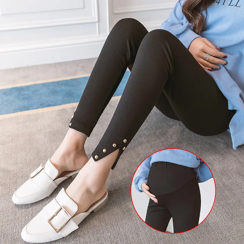 

Photo Shoot 2019 Autumn Clothing New Style Pregnant Women Beads Leggings Elasticity Slim Fit Slit Skinny Pants
