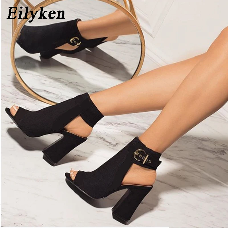 EilyKen/женская модная обувь женские пикантные короткие ботильоны на высоком каблуке с открытым носком женская обувь женские ботинки черного цвета