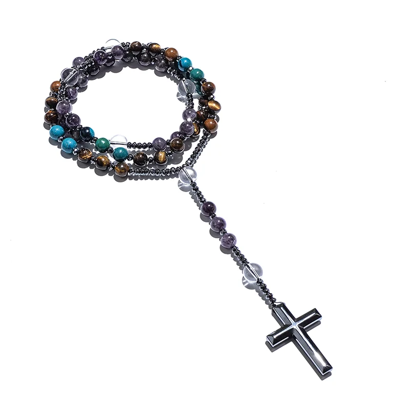 Natural Tiger Eye Amethyst Catholic Christian Rosary Men and Women Necklace Hematite Cross Pendant Meditation Yoga Mala Jewelry