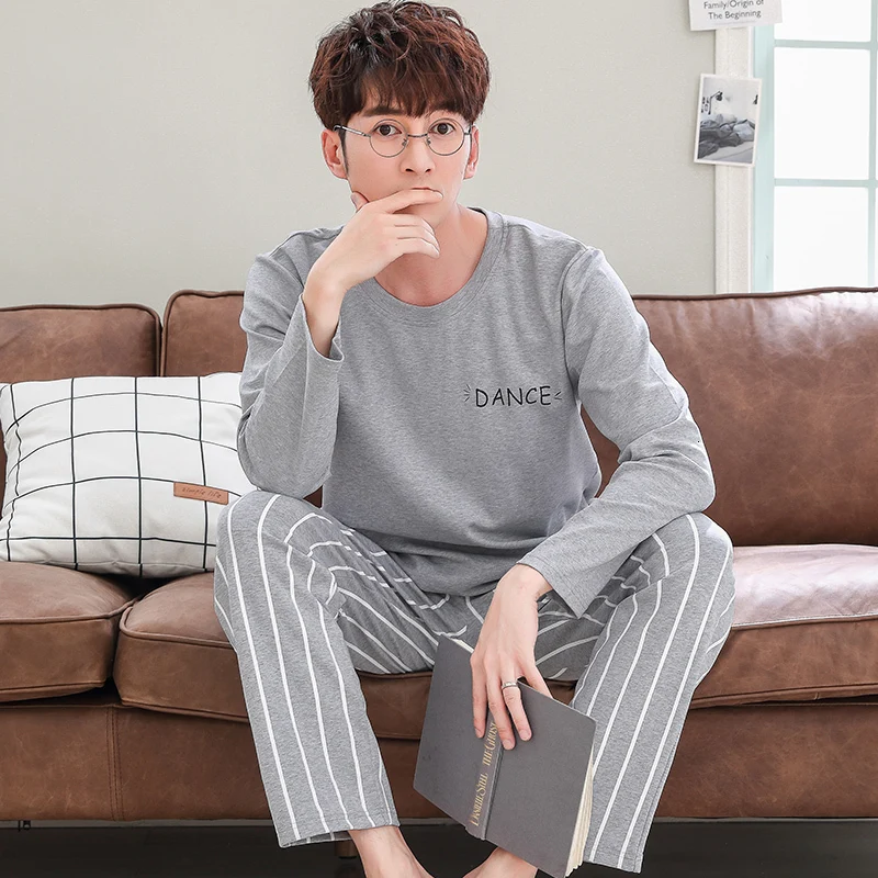 men pajama set Пижамы для мужчин; сезон осень; свободные брюки из чистого хлопка с длинными рукавами для отдыха с героями мультфильмов; зимняя одежда для подростков; домашняя одежда - Цвет: men pajama set