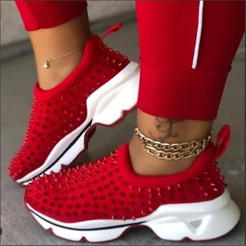 

2020 Spring Women Sneakers Flat Slip on Platform Sneakers for Woman Black Rivet Breathable Mesh Sock Loafers Women Casual Shoes