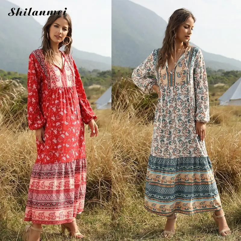 

2020 New Summer Vintage Dress Women Gypsy Long Sleeve V-Neck Maxi Floral Painted Floor Length Indian Baroque Jellaba Lady Dress