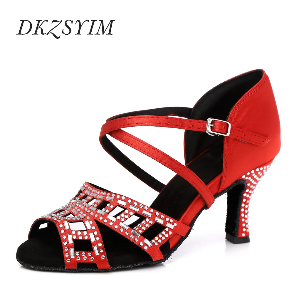 DKZSYIM Red Latin Dance Shoes Square Hells For Ladies Ballroom Jazz