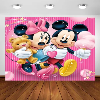 

Cartoon Mickey Mouse Backdrop Minnie and Mickey Birthday Valentine's Day Party Decorations Photo Background Banner Photocall