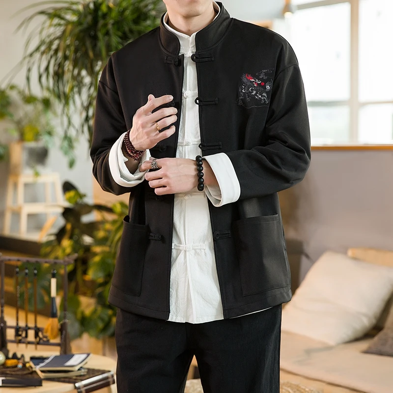 Sinicism Store, мужская мода, куртка в китайском стиле, Мужская свободная осенняя одежда Tang, Мужская свободная куртка с вышивкой и пряжкой - Цвет: Black(AsianSize)