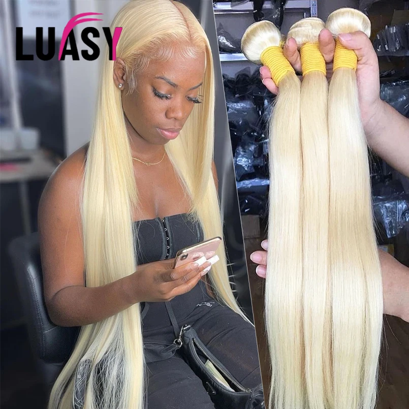 Luasy 613 pacotes de cabelo humano brasileiro loira tecer pacotes em linha reta 100% remy extensões do cabelo platina longo 30 40 polegada