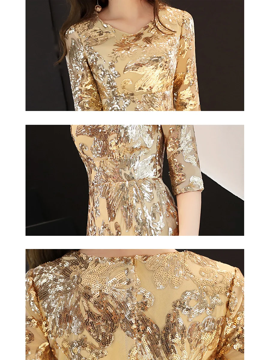 It's Yiiya Evening Dresses Long Half Sleeve Gold Sequins Formal Dress For Girls O-neck Plus Size robe de soiree E1402