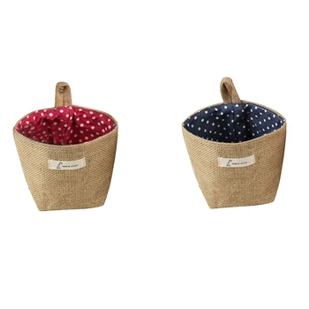 

Promotion! 2 Pcs Cotton Linen Art Flower Pot Small Sack Hanging Jute Cotton Dot Storage Basket Storage Bag, Blue Point & Red Poi