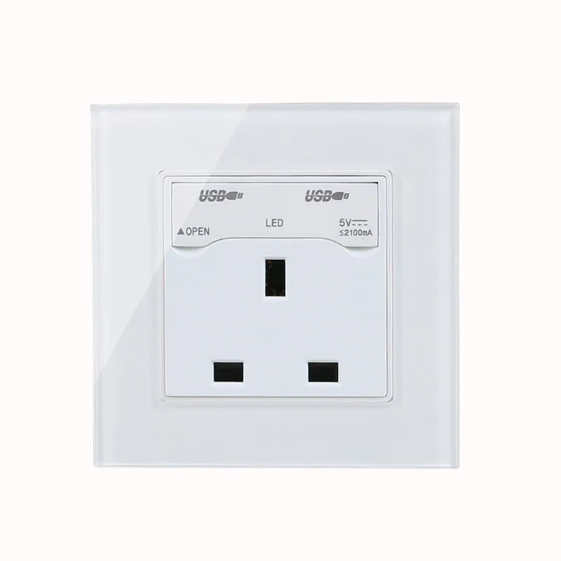 

UK standard 1 gang socket with 2 USB chargering, 3 Pin White glass panel wall socket and 2100mA USB wall plug outlet