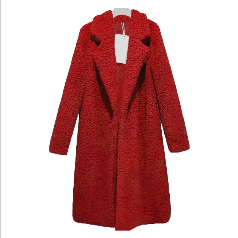 Женские верхние куртки размера плюс, пальто с длинным рукавом, теплые, с отворотом, модные, средней длины, одноцветные пальто для женщин, зимняя верхняя одежда - Цвет: Красный