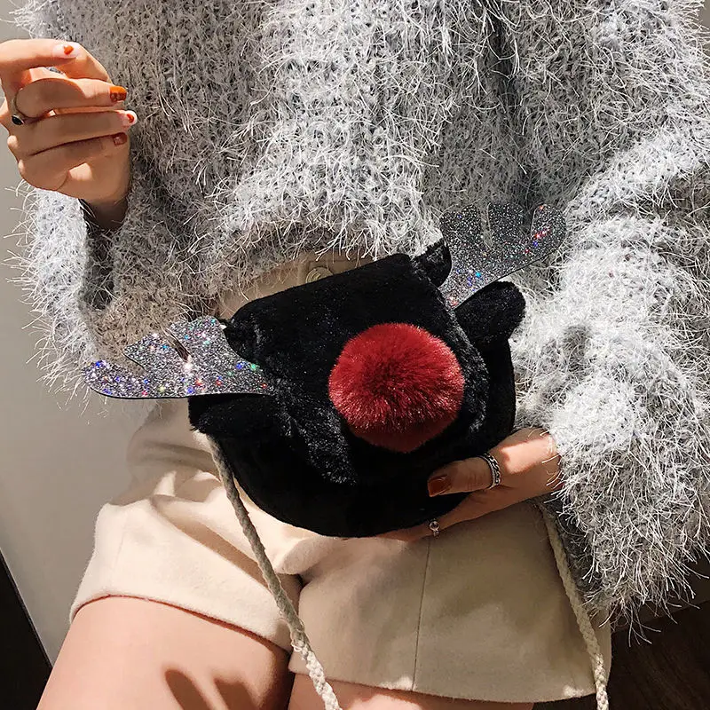 Winter Plush Bag Ins Mini Shoulder Bag New Cute Furry Reindeer Small Square Bag Christmas Wild Single Shoulder Messenger Bag