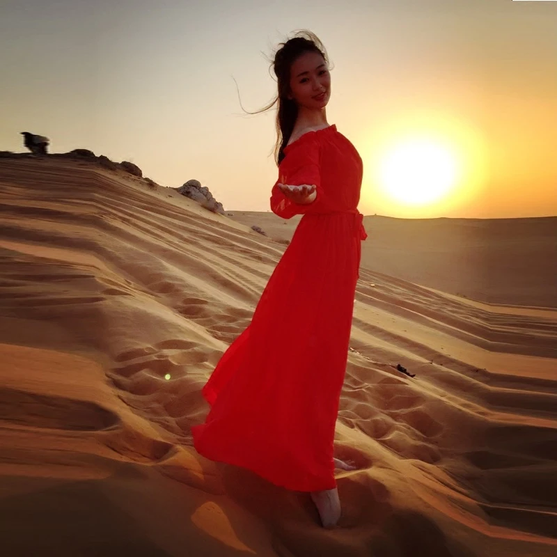 

Chiffon bohemian beach dress seaside holiday red dress seven-point sleeves long dress long summer temperament was thin dress