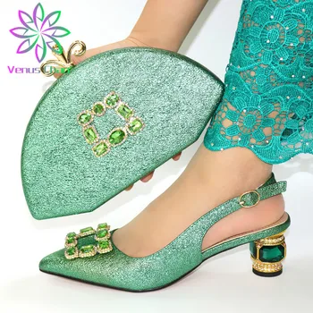 

italian shoes and bag set wholesale 2020 green color for wedding shoes and matching purse for women party