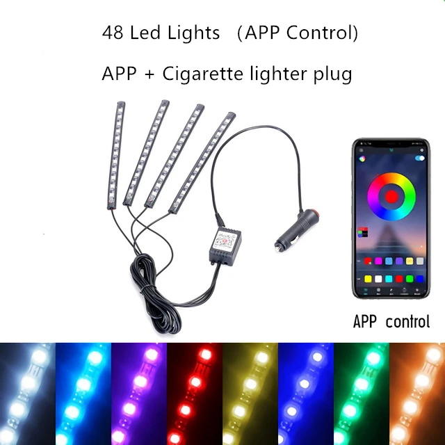 Car Interior Light RGB LED Decorative Light Strip With USB Wireless Remote Music Control Multiple Modes Car Foot Light 48LED Cigar APP