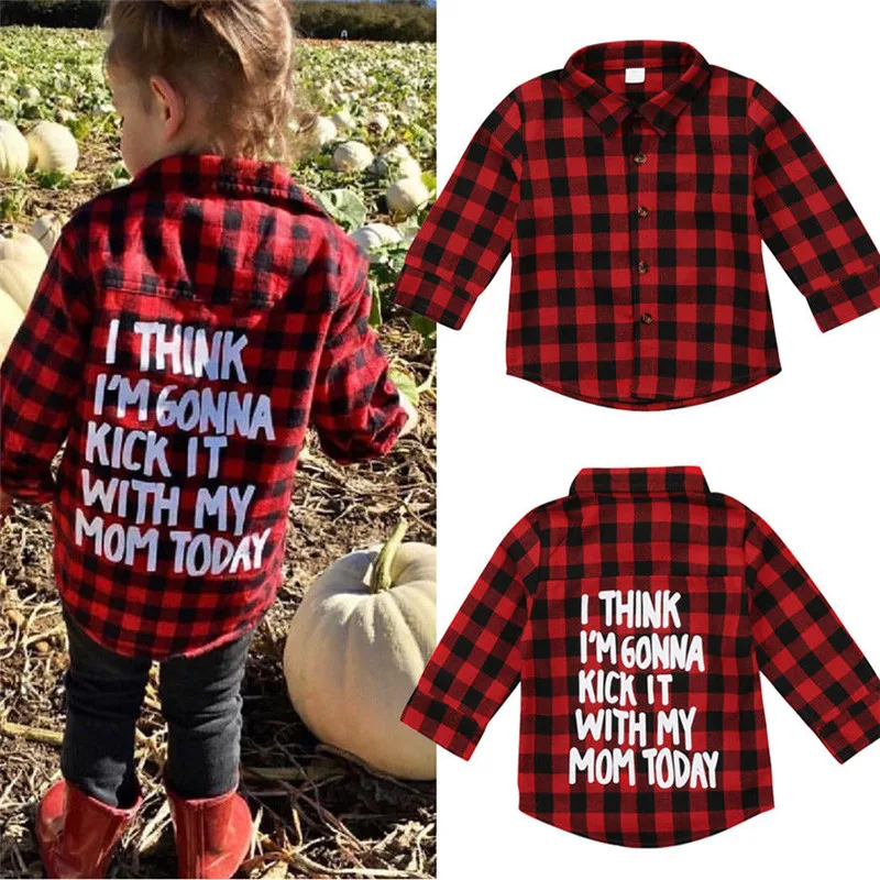 Красная клетчатая фланелевая рубашка с длинными рукавами и буквенным принтом для маленьких мальчиков и девочек