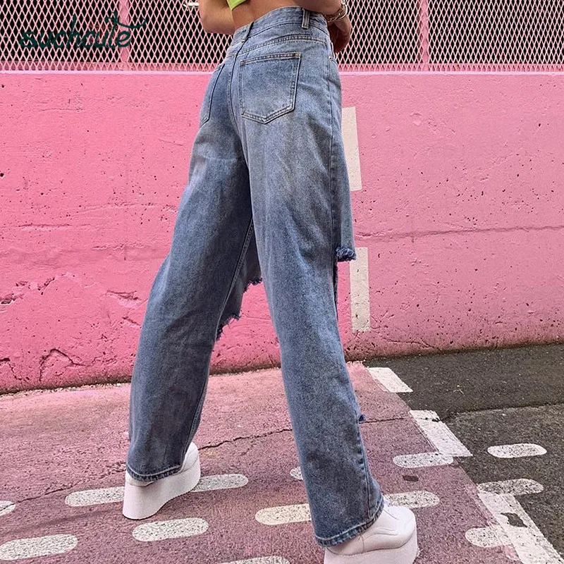 SUCHCUTE Hole Jeans Women Wide Leg Denim Pants Plus Size Punk Korean Style Trouser Casual Korean Style Harajuku Female Joggers