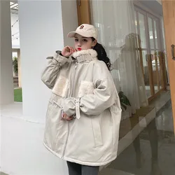 Women's Leather Jacket Autumn Winter Coat Mid-Long PU Leather Outerwear Ladies Lamb Wool splicing Loose Overcoat Apricot Black