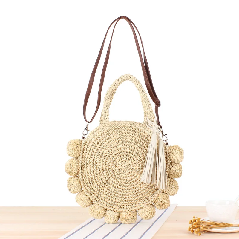 

2019 Handmade Cotton Linen Beach Bag Weaving Bamboo Bag Wood Top-handle Handbags Ladies Round Straw Bag Moon Shaped Wrapped Bags