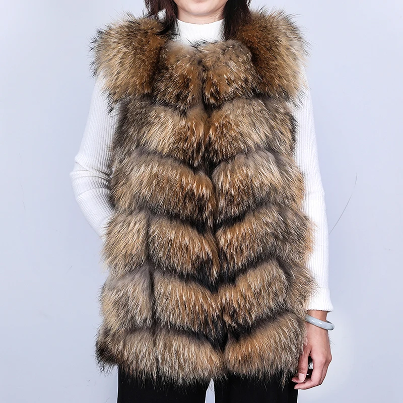 Maomaokong Natural Raccoon Real Fur Coat Ladies Waistcoat Fur Mid-length Winter Warm Real Fur Coat Luxury Women coat Top Vest