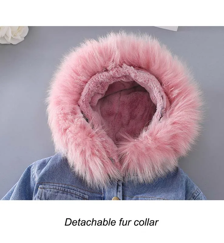 Коллекция года, модная зимняя джинсовая куртка для маленьких девочек, бархатная верхняя одежда с натуральным мехом для малышей, пальто парка для малышей возрастом от 1 года до 6 лет, ветровка