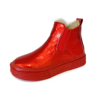 

European station winter new patent leather Martin boots short boots high-top flat casual women's boots plus velvet cotton shoes